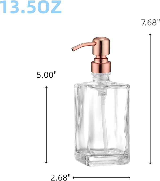 13.5 Oz Clear Glass Soap Dispenser with Rust Proof Stainless Steel Pump, Antique Design Refillable Square Lotion Dispenser for Bathroom, Premium Kitchen Hand Soap (Red Copper)