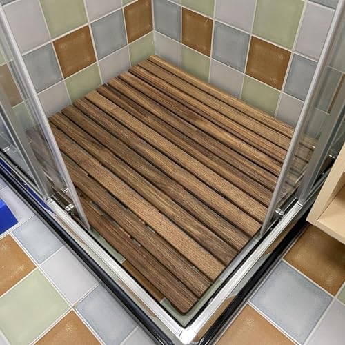 Teak Shower Mat Foldable Luxury Wooden Non-Slip Wood Bath Mat for Bathroom Bathtub Indoor Outdoor,Teak Wood Bath Mat 24x32 Inch - Anti-Slip Shower Floor Mat with Center Drain Hole, Solid Tea
