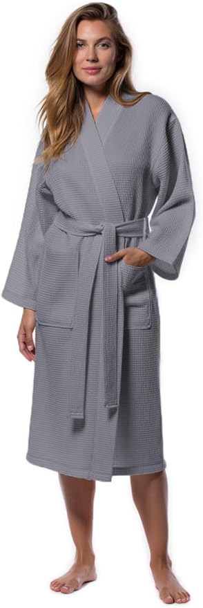Turquaz Lightweight Waffle Knit Kimono Bathrobe - Soft Cotton Blend Spa Robe, Fast-Drying Full-Length Unisex Robes for Women