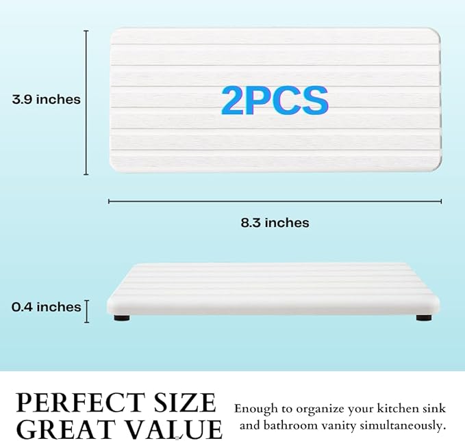 2PCS Fast-Drying Diatomite Sink Tray, Ultra-Absorbent Soap Holder for Bathroom Kitchen Countertop, Non-Slip Stone Coaster with Grooved Design & Anti-Slip Foot Pads, 8.3" x 4" x 0.4", White
