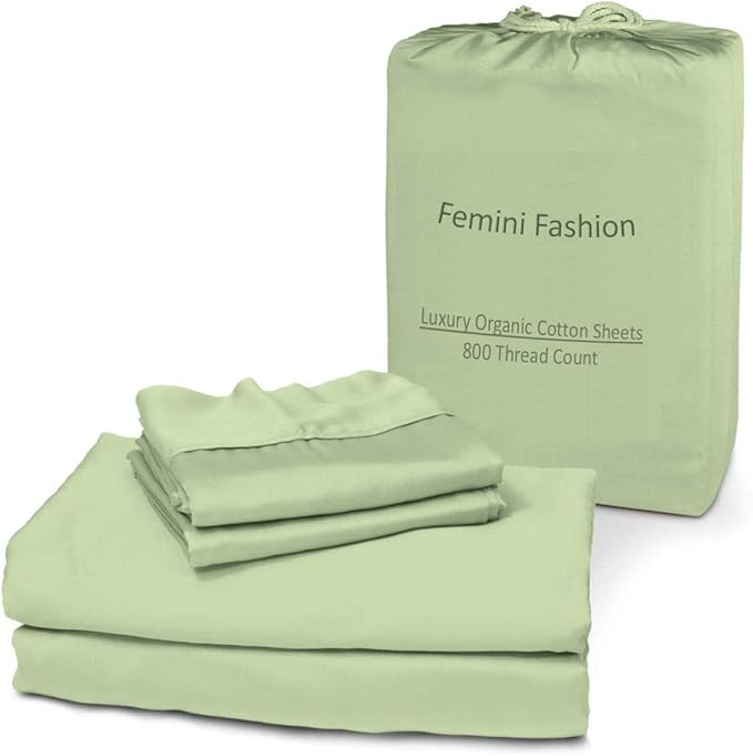 Femini Fashion 100% Organic Cotton Bed Sheets 800-Thread-Count, 16-Inch Deep-Pocket, Luxury Breathable Crisp 4-Piece Bed Sheet Set (1 Flat Sheet, 1 Fitted Sheet, 2 Pillowcases) - Cal-King, Sage