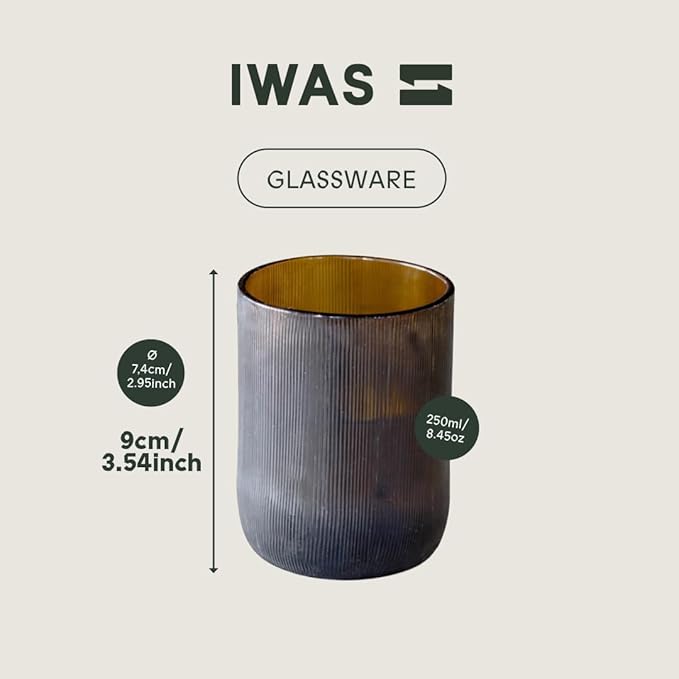 IWAS Upcycled Short Amber Drinking Glasses, Short, 8.45 oz / 250 ml, Set of 4 Rustic Grooved Cups, Handcrafted Sustainable Glassware