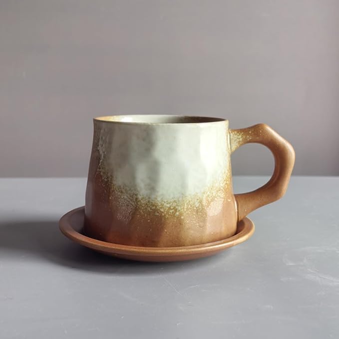 Vintage Faceted Speckled Ceramic Coffee Mug with Saucer, Rustic Stoneware Cup for Tea Latte (YF-CS06)