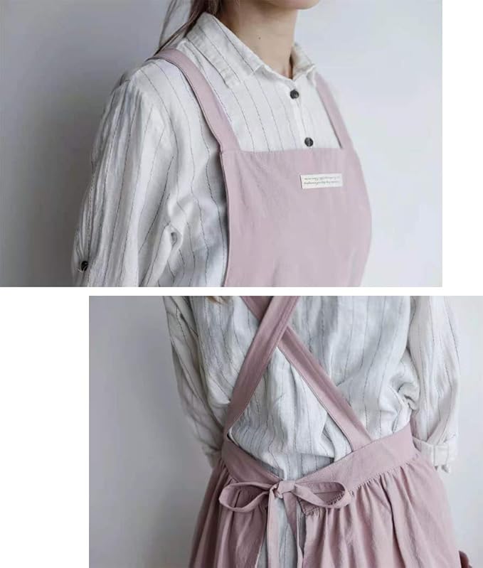 Cotton and linen Kitchen Cooking Aprons Dress for Women with Pockets Cute for Baking Painting Gardening Cleaning