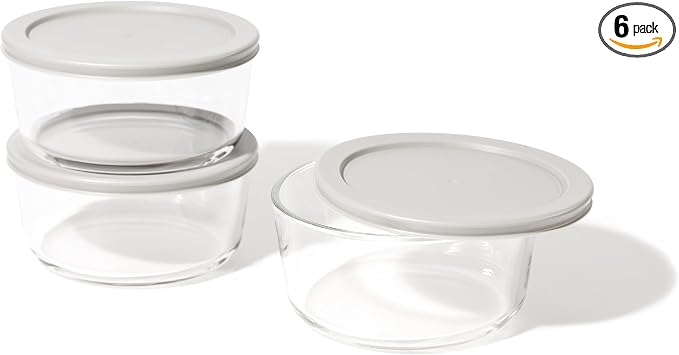 6-Piece Glass Food Storage Containers Set (3 Containers + 3 BPA-Free Lids) | 4-Cup, Leakproof | Microwave, Freezer, Oven & Dishwasher Safe | Ideal for Meal Prep & Pantry Organization, Grey