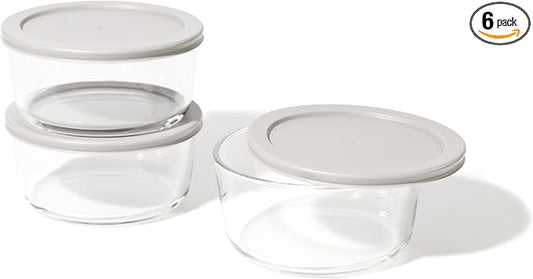 6-Piece Glass Food Storage Containers Set (3 Containers + 3 BPA-Free Lids) | 4-Cup, Leakproof | Microwave, Freezer, Oven & Dishwasher Safe | Ideal for Meal Prep & Pantry Organization, Grey