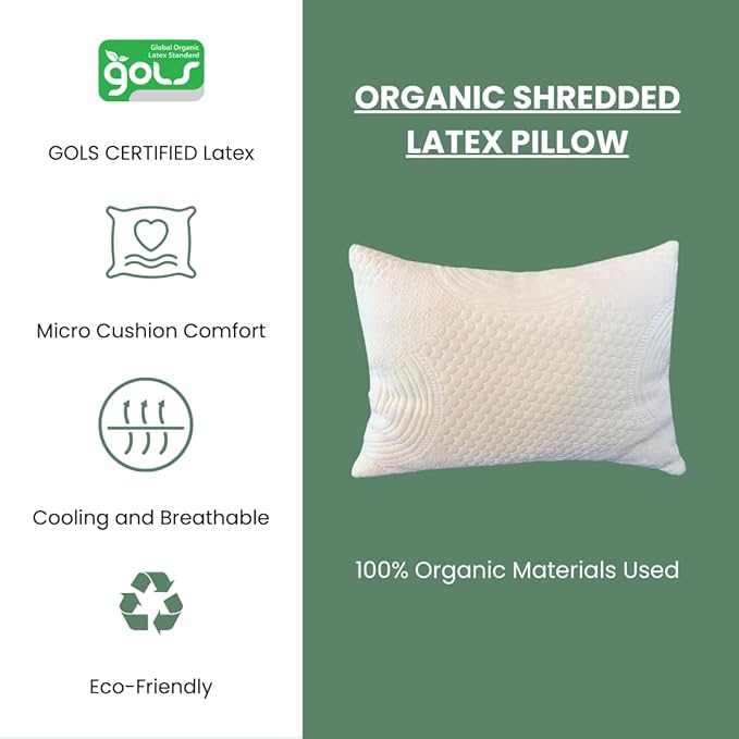 ORGANIC TEXTILES 100% Handmade Organic Shredded Latex Bed Pillow with Organic Cotton Cover - (King, Pack of 2)