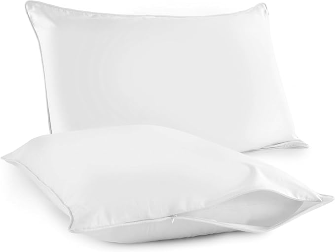 Organic Cotton Pillow Protector Queen Size - 100% Cotton GOTS Certified Pillow Case Protector with Zipper - Hypoallergenic Machine Washable Edge Piping & Breathable Cover - 2 Pack (White, Queen)