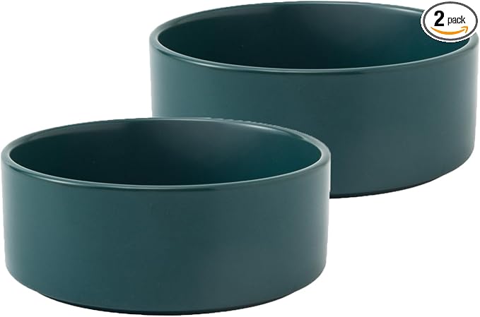 Ceramic Set of 2 Dog and Cat Bowls - Classic Food & Water Bowl for Kitty, Cats and Toy Breed Dogs, Weighted Dog Dishes, Food Grade Pet Bowl, Dishwasher & Microwave Safe (5.1'', 2*16OZ, Green)