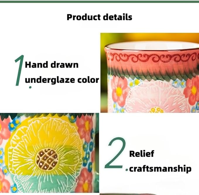 Pottery Coffee Mug,14oz, Hand Painted Ceramic Tea Cups with Unique Design for Hot or Cold Drinks (Green Field)