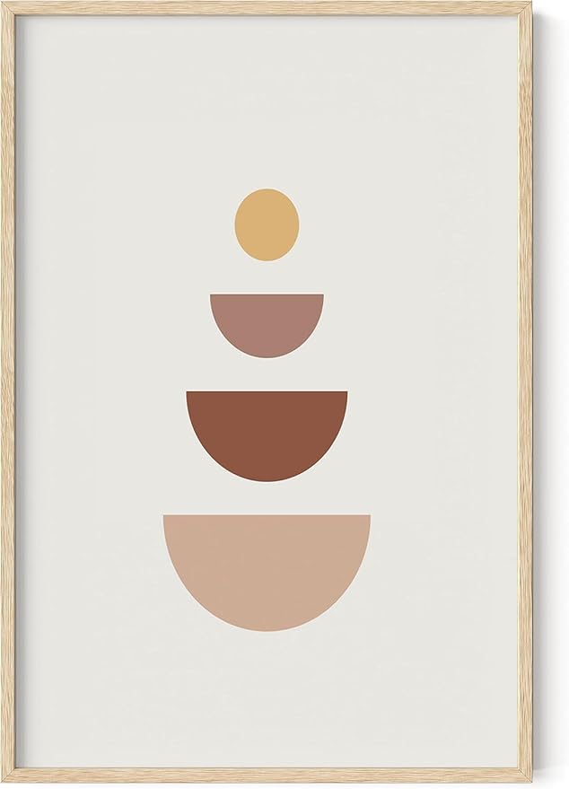 Minimalist Geometric Wall Art Stacked Semi-Circle Shapes Earth Tones Terracotta Brown Mid Century Modern 24x36 Inch Oak Wood Beige Framed Abstract Print for Office