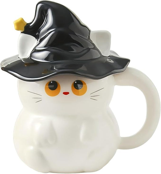 Coffee Mug Cups Ceramic Tea Cup Cute 3D Bichon Frise Dog Shaped Handmade Pottery Cute Mugs Handle Office Home Hot Ice Chocolate Milk Mugs Gifts Microwave Dishwasher Safe 14 Oz Travel Mug (White cat)