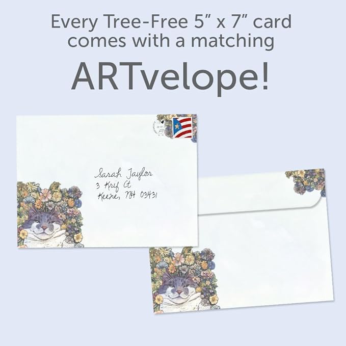 Tree-Free Greetings Flower Cat Birthday Card - 1 Recycled 5x7 Card & Matching Envelope, Thick Cardstock, Made in USA - Vibrant Feline Serenity