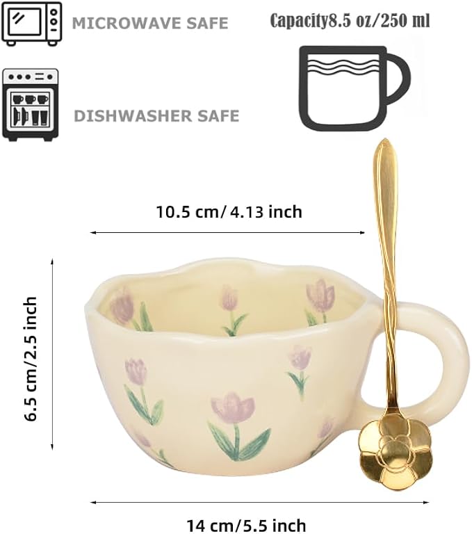 Cute Coffee Mug,Ceramic Tea cup,Kawaii coffee mugs,Handmade Creative Flower Pink mug with Spoon,Aesthetic mugs for milk Cappuccino Cocoa,8.5 oz Cheery Mug Gift for Women Christmas (Purple)