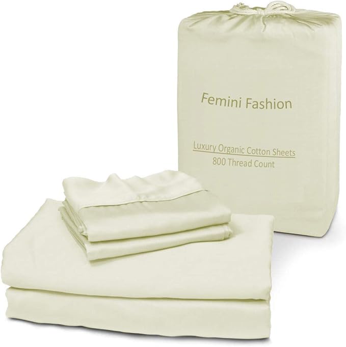 Femini Fashion 100% Organic Cotton Bed Sheets 800-Thread-Count, 16-Inch Deep-Pocket, Luxury Breathable Crisp 4-Piece Bed Sheet Set (1 Flat Sheet, 1 Fitted Sheet, 2 Pillowcases) - King, Ivory