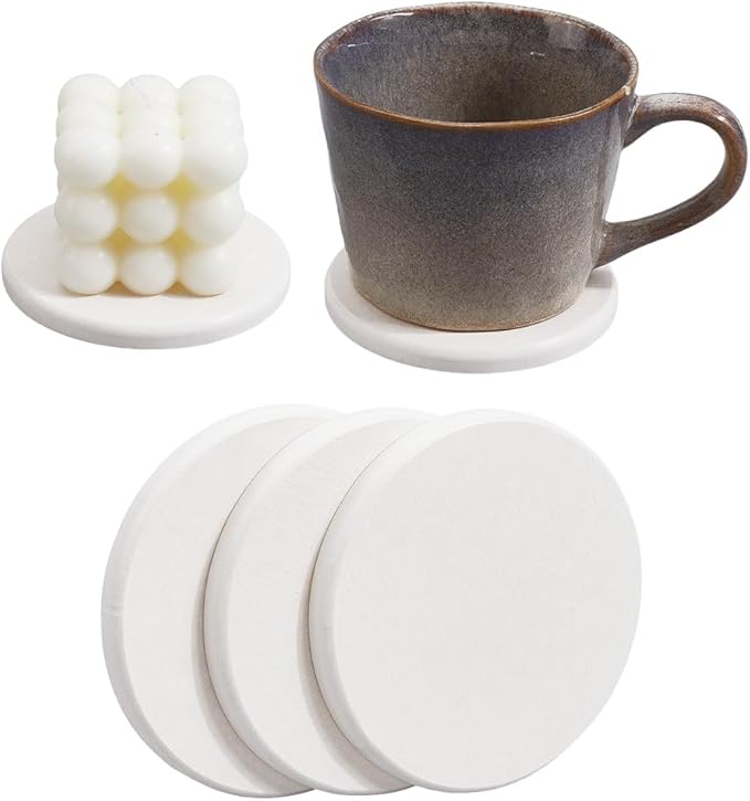 CREATCABIN 3Pcs Water Absorbent Diatomite Coasters Round Diatomaceous Earth Tray 3.9" White Quick Dry Stone Soap Dish Holder Toothbrush Bath Stone Mat for Kitchen Counter Cups Drinks Bottles Plants