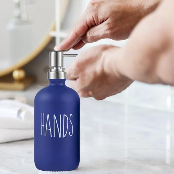 Navy Blue Soap Dispenser Set, Glass Soap Dispenser with Stainless Steel Pump, Farmhouse Hand Soap Dispenser & Dish Soap Dispenser for Bathroom Kitchen Sink (Blue h)