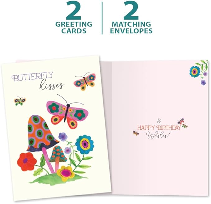Tree-Free Greetings - Birthday Cards - Artful Designs - 2 Cards + Matching Envelopes - Made in USA - 100% Recycled Paper - 5 x 7 - Butterfly Kisses (GT65296)