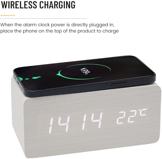 Wooden Digital Alarm Clock with Charging Function, for Temperature for Bedroom Travel Desk Decoration, Desk Clocks for Bedside(White)