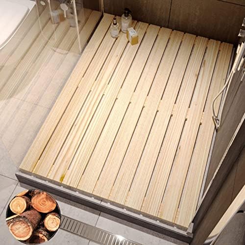 Teak Shower Mat Foldable Luxury Wooden Non-Slip Wood Bath Mat for Bathroom Bathtub Indoor Outdoor,Luxury Bamboo Bath Mat for Bathroom, Customizable Shower Caillebotis, Indoor/Outdoor Use, No