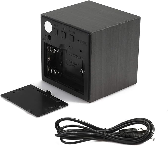 Wooden Alarm Clock - Mini Cube LED Digital Clock with Time/Date/Temperature Display, 3 Levels Brightness and Voice Control Great for Home Office Travel - AC10Black_White
