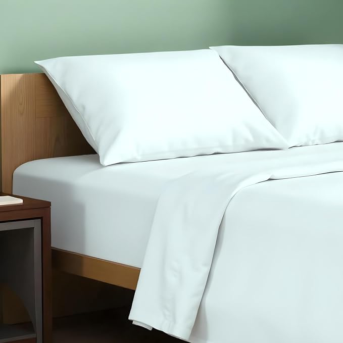 TEXAS LINEN CO. 100% Organic Cotton Sheets King Size - 4 PC Organic Cotton King Percale Weave Sheet Set, Soft, Cooling, Crisp & Breathable, 16" Deep Pocket Hotel Quality Bedding Set - Sea Foam