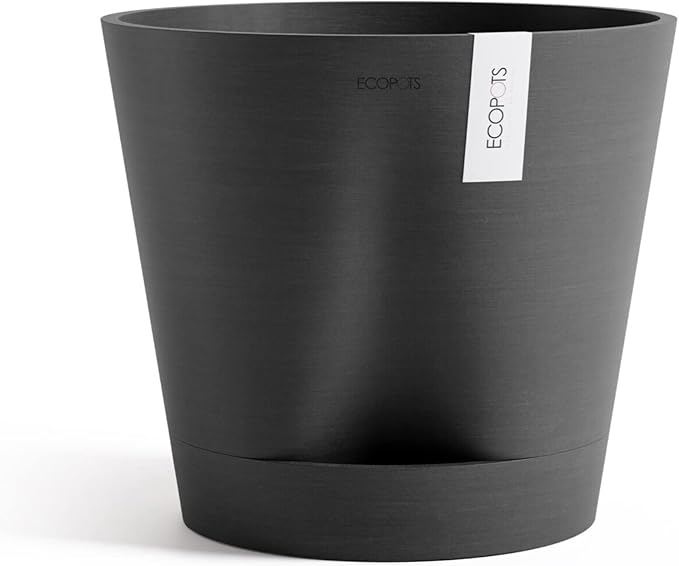 Ecopots Venice 2 Durable Modern Round Indoor/Outdoor Recycled-Based Composite Flower Pot Planter w/Water Reservoir, Dark Grey, 16"