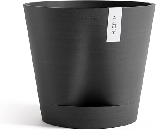 Ecopots Venice 2 Durable Modern Round Indoor/Outdoor Recycled-Based Composite Flower Pot Planter w/Water Reservoir, Dark Grey, 16"