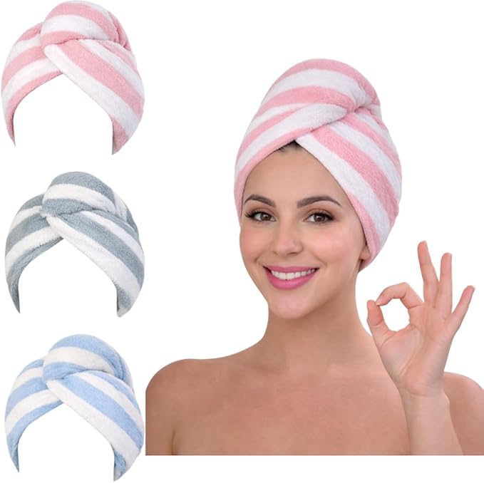 KELVO Microfiber Hair Towel Wrap for Women - Pack of 3, 350 GSM Super Absorbent Quick Dry Hair Turban, Anti-Frizz Head Wrap for Curly, Long & Thick Hair, Soft Hair Drying Towel(Stripe, Mixed Color)