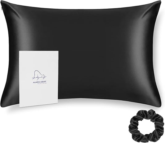 ALASKA BEAR Silk Pillowcase for Hair and Skin Beauty Sleep 100 Real Mulberry Silk Anti-Aging Pillow Slip Case Cover Standard Size with Zipper (1pc, Black)