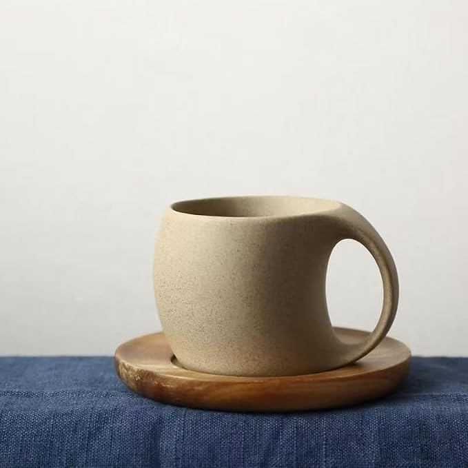 6 oz Clay Cup and Wood Saucer Set of 1, Ceramic Coffee Latte Art Mug With Saucer, Cafe Cups for Cappuccino, Espresso, Coffee, Tea, Porcelain Set for Baristas, Great Gift
