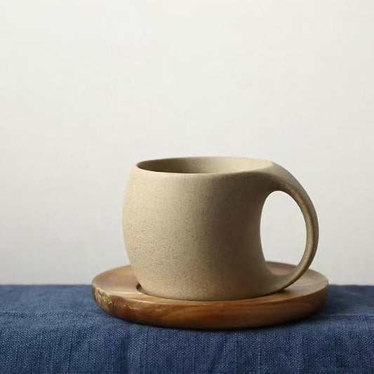6 oz Clay Cup and Wood Saucer Set of 1, Ceramic Coffee Latte Art Mug With Saucer, Cafe Cups for Cappuccino, Espresso, Coffee, Tea, Porcelain Set for Baristas, Great Gift