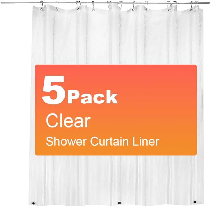 ZEMAHOME 5 Pack PEVA Plastic Shower Curtain Liner Premium Light Weight 72" x 72" Clear Bathroom Shower Showroom Curtain Liner with Rustproof Metal Gromments and Weighted Magnet