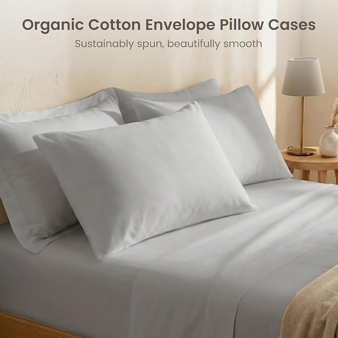 Bioweaves 100% Organic Cotton Envelope Pillow Cases 300 Thread Count Soft Sateen Weave GOTS Certified – 20 X 27, Set of 2, Silver