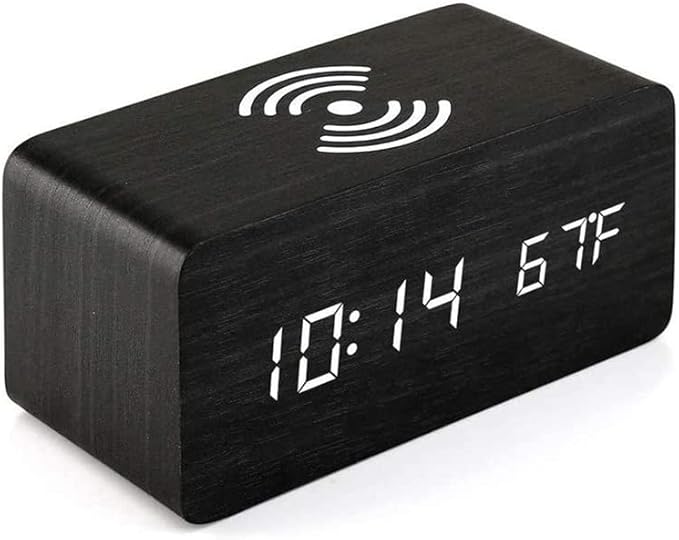 Digital Alarm Clock LED Wood Clocks,Temperature Display/Voice-Activated/Date/12/24 Hours,3 Alarms for Bedroom Office,Bamboo(Black)