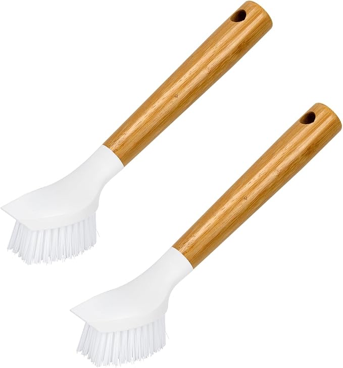 CELOX 2 Pack Bamboo Dish Brush with Handle Kitchen Scrub Brush, Dish Scrubber - Perfect for Dish Washing, Vegetable, Grill Cleaning