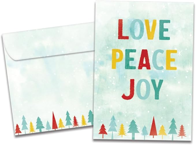 Tree-Free Greetings Holiday 10 Pack with Matching Envelopes, Eco Friendly, Made in USA, 100% Recycled Paper, 5"x7", Love Peace Joy (HB54436)