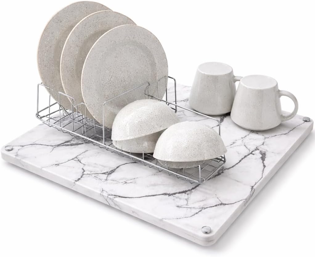Stone Dish Drying Mat for Kitchen Counter, Diatomaceous Earth Dish Drying Mat, Non Slip, Quick Drying, Super Absorbent, Multipurpose,15.7" x 11.8" inches, White Marble Pattern