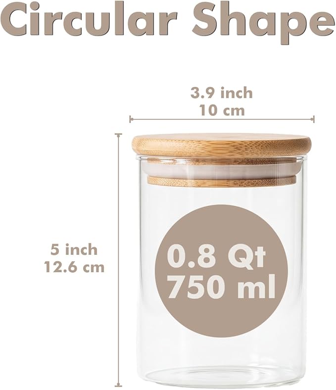 6-Pack 0.8Qt Round Glass Storage Jars with Bamboo Lids, Pantry Storage Containers for Neat Organization, Ideal for Minimalist Kitchen Organizer, Nut, Coffee Beans, Oats, Cookie, Candy, Tea