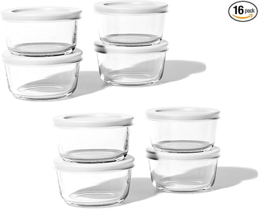16-Piece Glass Food Storage Containers Set (8 Containers + 8 BPA-Free Lids) | 1-Cup, Leakproof | Microwave, Freezer, Oven & Dishwasher Safe | Ideal for Meal Prep & Pantry Organization, White