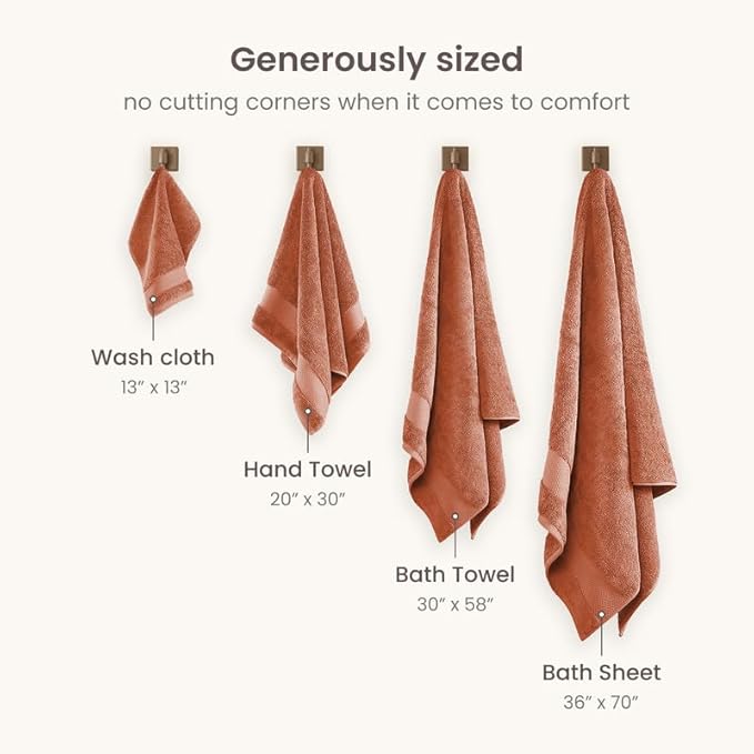 BIOWEAVES 100% Organic Cotton 700 GSM Plush 6-Piece Premium Towel Set GOTS Certified, 2 Bath Towels, 2 Hand Towels & 2 Washcloths - Burnt Orange
