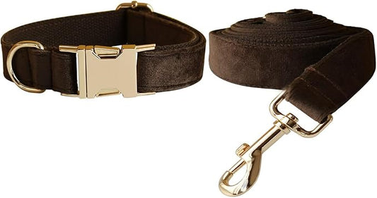 Love Dream Velvet Dog Collar and Leash Set, Soft & Comfy Adjustable Dog Leash and Collar with Heavy Duty Metal Buckle for Small Medium Large Dogs Training & Walking (XLarge, Brown)