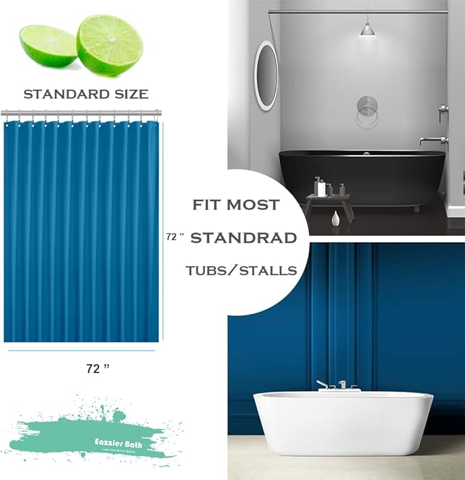 Blue Plastic Shower Curtain Or Liner, 72x72 Inch Lightweight Blue Plastic Bathroom Shower Showroom Inner Curtain with Rustproof Metal Grommet Holes and Weighted Magnets