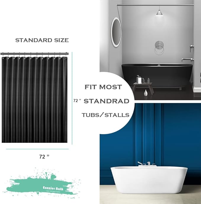 Black Plastic Shower Curtain Liner, 72x72 Inch Thin Lightweight Black Plastic Bathroom Shower Showroom Inner Curtain with Rustproof Metal Grommet Holes and Weighted Magnets
