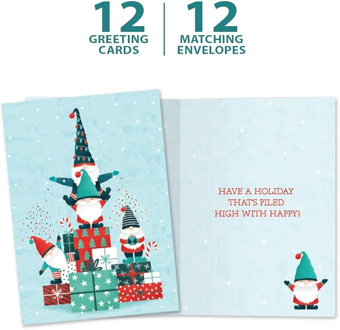 Tree-Free Greetings - Happy Holidays Greeting Cards - Artful Designs - 12 Cards + Matching Envelopes - Made in USA - 100% Recycled Paper - 5"x7" - Gnomes Piled High (HP60617)