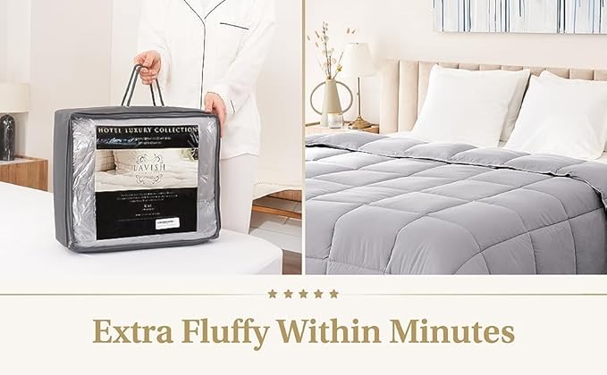 Lavish Comforts® Grey Comforter Queen – Fluffy Down Alternative Duvet Insert, Light Grey Comforter, All-Season Bedding, Hypoallergenic, Machine Washable, Queen Duvet Insert with Corner Loops