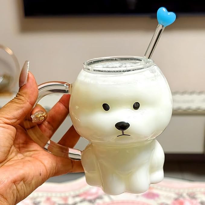 Coffee Mug Cups Ceramic Tea Cup Cute 3D Bichon Frise Dog Shaped Handmade Pottery Cute Mugs Handle Office Home Hot Ice Chocolate Milk Mugs Gifts Microwave Dishwasher Safe 14 Oz Travel Mug (Clear dog)