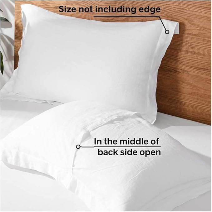 100% French Linen Pillow Shams Basic Style - Pack of 2 - Washed Solid Color Natural Flax Soft Breathable - White, 20'' x 26''