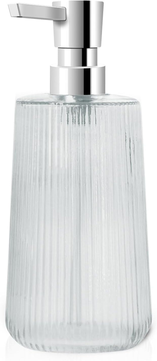 Glass Soap Dispenser for Bathroom, 250ml/8.5oz Dish Soap Dispenser with Pump for Kitchen, Modern Minimalist Stripe Style Hand Soap Dispenser, Small Refillable Soap Dispenser (Clear 1pc)