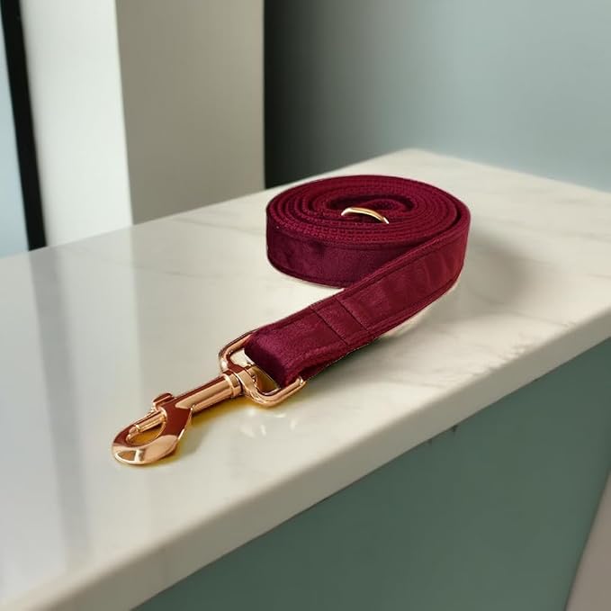 Love Dream Velvet Dog Collar and Leash Set, Soft & Comfy Adjustable Dog Leash and Collar with Heavy Duty Metal Buckle for Small Medium Large Dogs Training & Walking (Large, Wine Red)